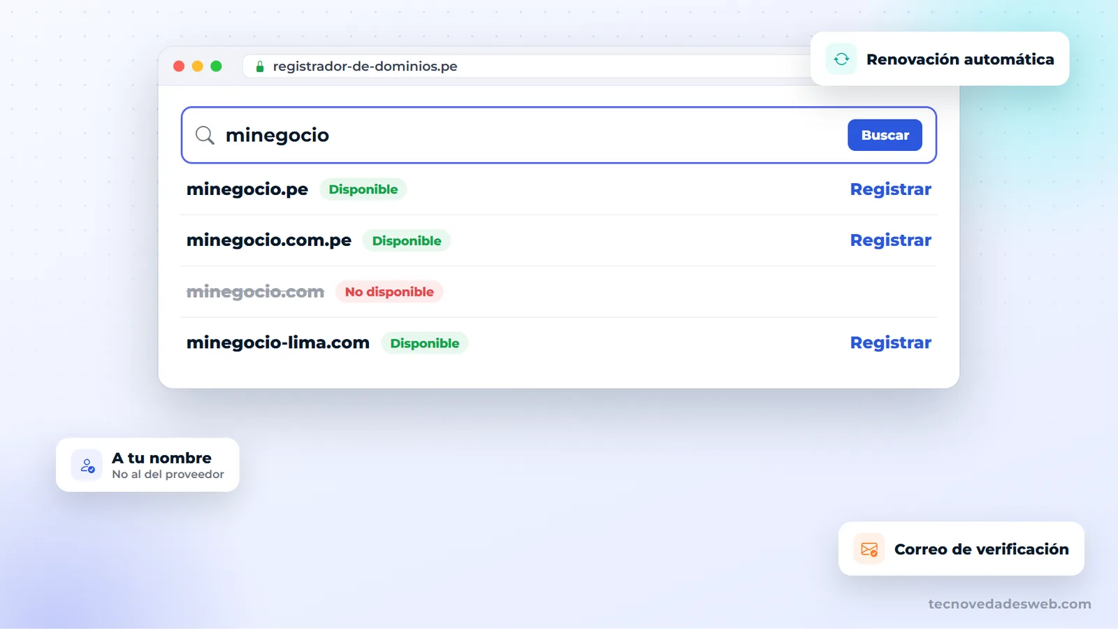 Buscador de dominios mostrando qué extensiones están disponibles