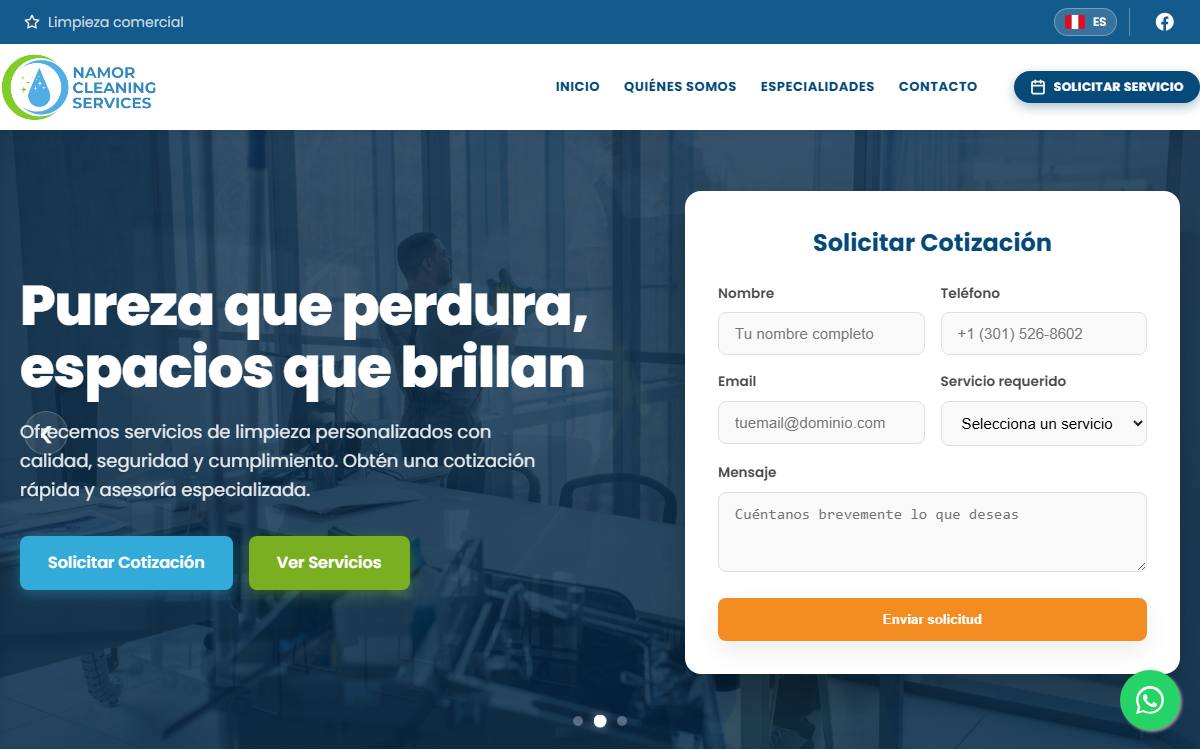 Diseño de página web profesional en Lima para namor cleaning services