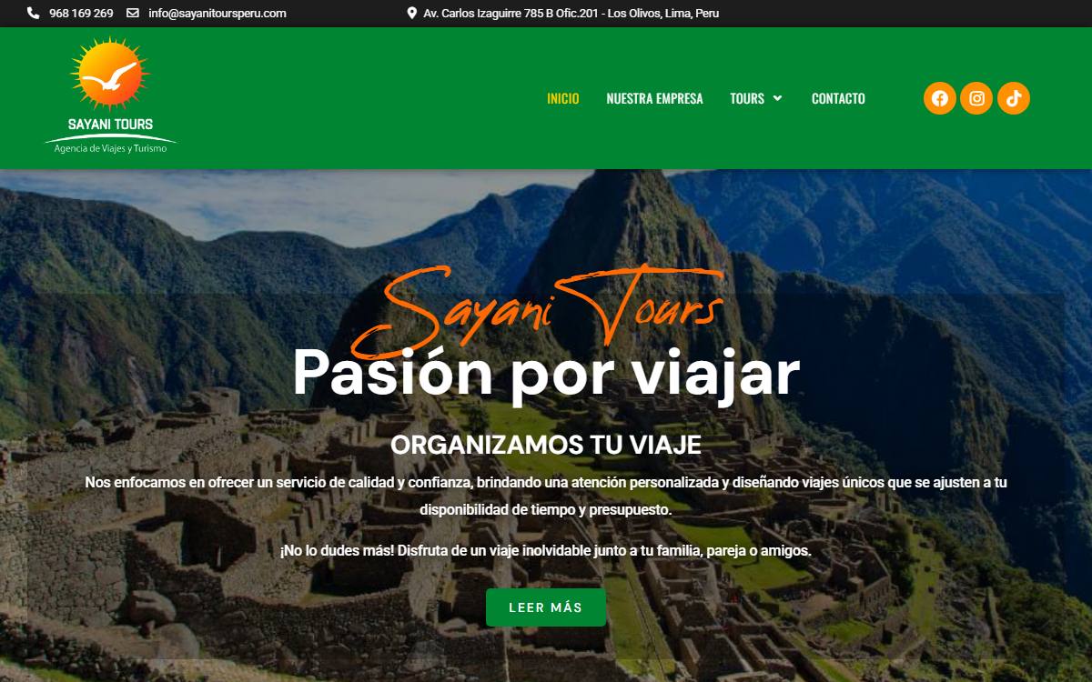 Diseño de página web profesional en Lima para sayani tours